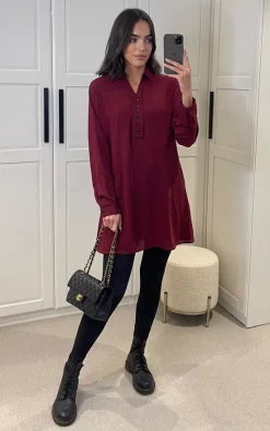 Wholesale 🎉 HOXTON GAL Relaxed Fit Long Sleeves Button Detailed Tunic Top In Burgundy ❤️