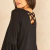 Promo ✨ KURT MULLER Black Shimmer Criss Cross Back Top With Fluted Sleeves ⌛