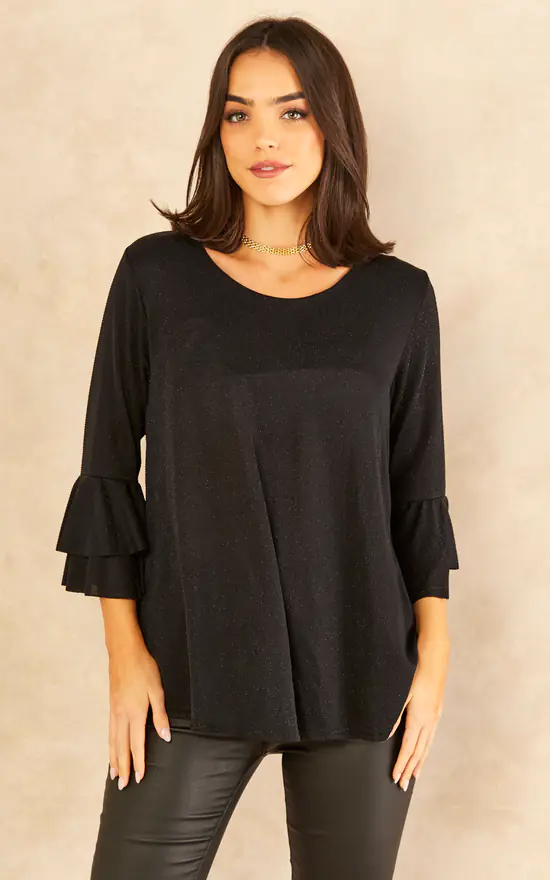 Promo ✨ KURT MULLER Black Shimmer Criss Cross Back Top With Fluted Sleeves ⌛ - Image 2