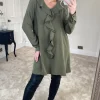 Best Sale 💯 HOXTON GAL Relaxed Fit Long Sleeves Satin Tunic Top With Ruffle Details In Khaki ✨