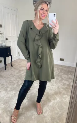 Best Sale 💯 HOXTON GAL Relaxed Fit Long Sleeves Satin Tunic Top With Ruffle Details In Khaki ✨