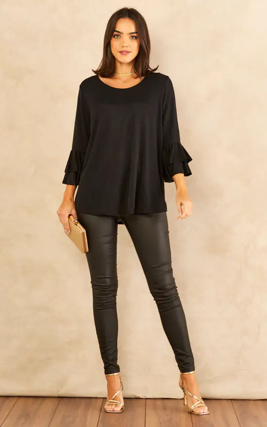 Promo ✨ KURT MULLER Black Shimmer Criss Cross Back Top With Fluted Sleeves ⌛ - Image 3