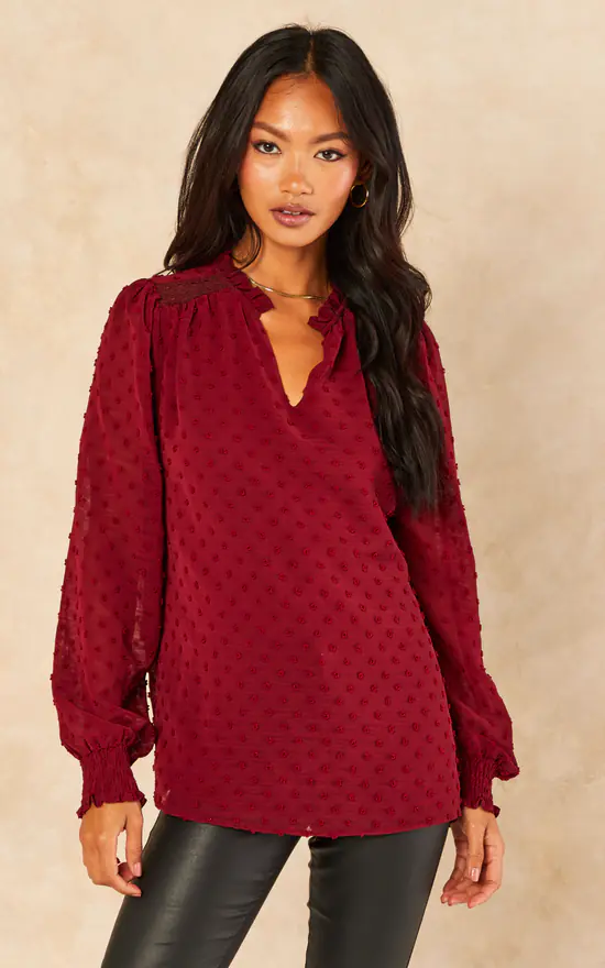 Best deal ✨ Gini London Burgundy Dobby Chiffon Long Sleeve Blouse 🎁