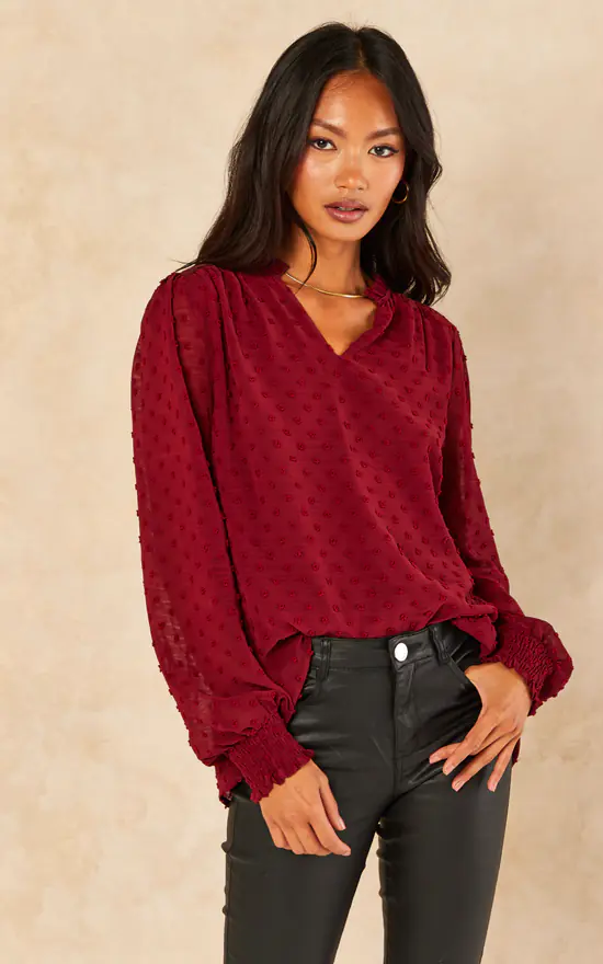 Best deal ✨ Gini London Burgundy Dobby Chiffon Long Sleeve Blouse 🎁 - Image 2