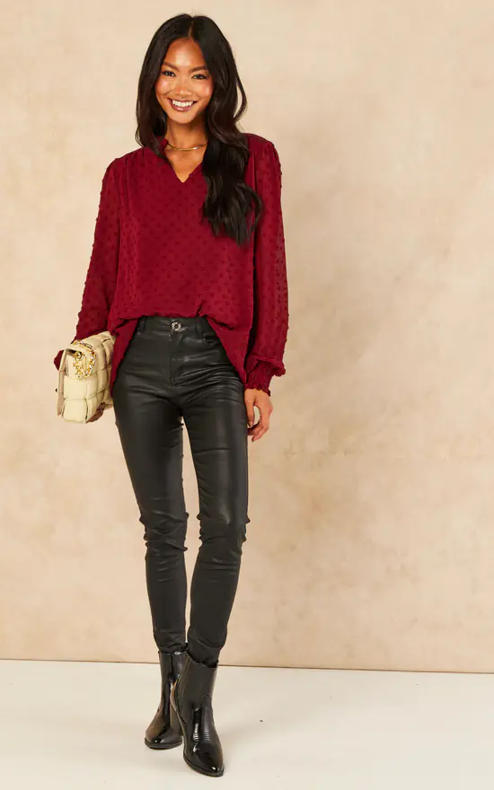Best deal ✨ Gini London Burgundy Dobby Chiffon Long Sleeve Blouse 🎁 - Image 3