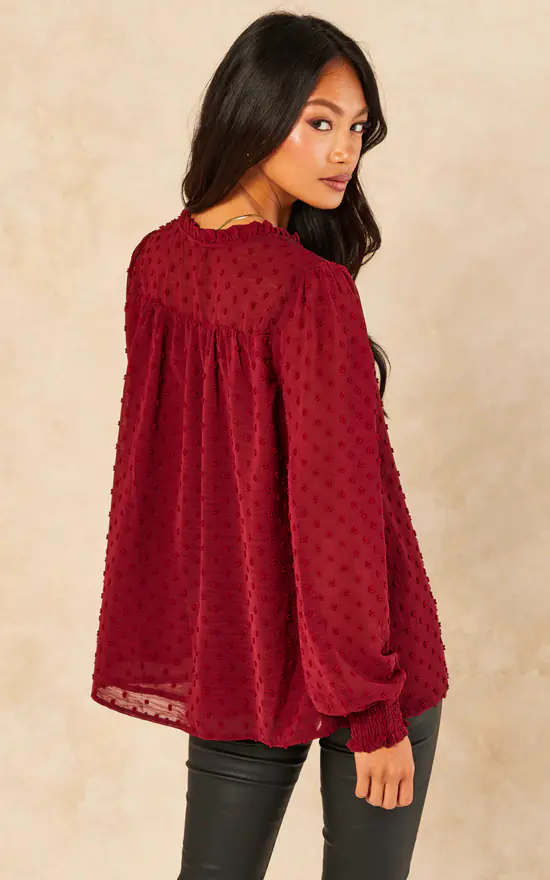 Best deal ✨ Gini London Burgundy Dobby Chiffon Long Sleeve Blouse 🎁 - Image 4