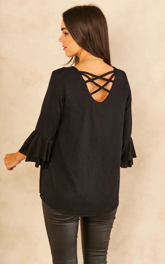 Promo ✨ KURT MULLER Black Shimmer Criss Cross Back Top With Fluted Sleeves ⌛ - Image 4