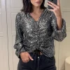 Buy 😉 KURT MULLER Silver Rouched Front Sequin Blouse 🎉