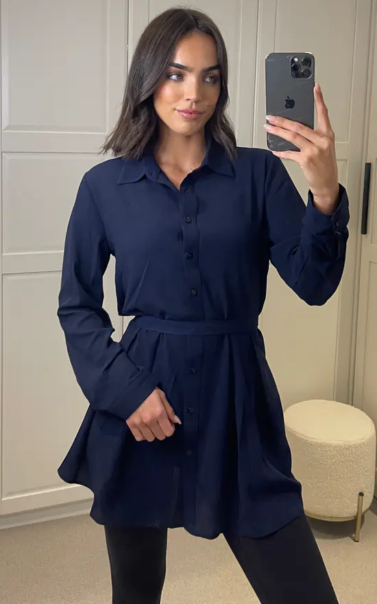 Cheapest ๐ HOXTON GAL Oversized Long Slevees Pleated ๐ Shirt Top With Matching Belt In Navy ๐ - Image 2