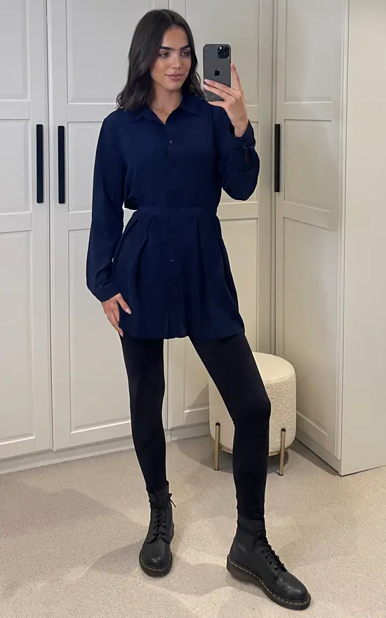 Cheapest ๐ HOXTON GAL Oversized Long Slevees Pleated ๐ Shirt Top With Matching Belt In Navy ๐ - Image 3