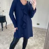 Deals ⌛ HOXTON GAL Relaxed Fit Long Sleeves Satin Tunic Top With Ruffle Details In Navy 🔔