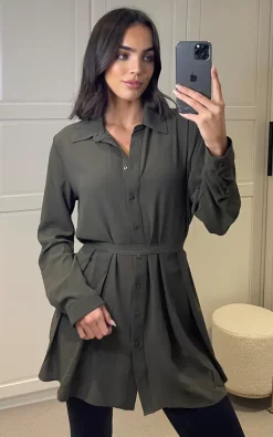 Best Pirce 🤩 HOXTON GAL Oversized Long Slevees Pleated 👚 Shirt Top With Matching Belt In Khaki 🛒