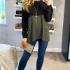 Wholesale 🎉 HOXTON GAL Long Sleeve Relaxed Fit Block Crepe Top With Necklace In Black And Khaki 🤩