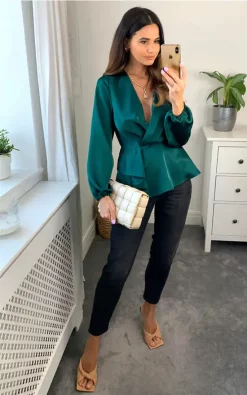 Wholesale 🛒 Double Second Dark Green Wrap Frill Front Satin Top 👏