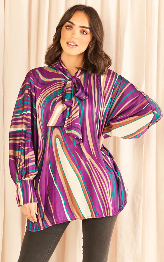 Top 10 ๐คฉ Blue Vanilla Swirl Print Neck Tie Blouse Purple โ