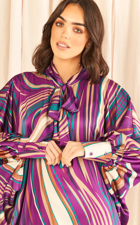 Top 10 ๐คฉ Blue Vanilla Swirl Print Neck Tie Blouse Purple โ - Image 3