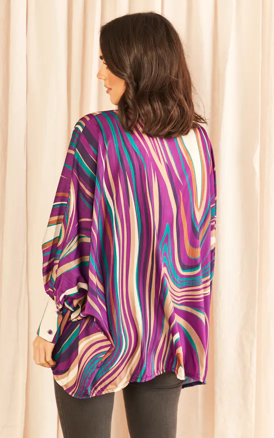 Top 10 ๐คฉ Blue Vanilla Swirl Print Neck Tie Blouse Purple โ - Image 4