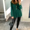 Promo 😉 HOXTON GAL Long Sleeves Oversized Pleated Top With Necklace In Green 👍