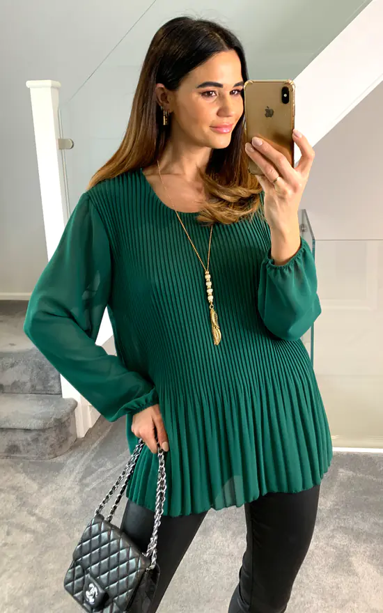 Promo 😉 HOXTON GAL Long Sleeves Oversized Pleated Top With Necklace In Green 👍 - Image 2