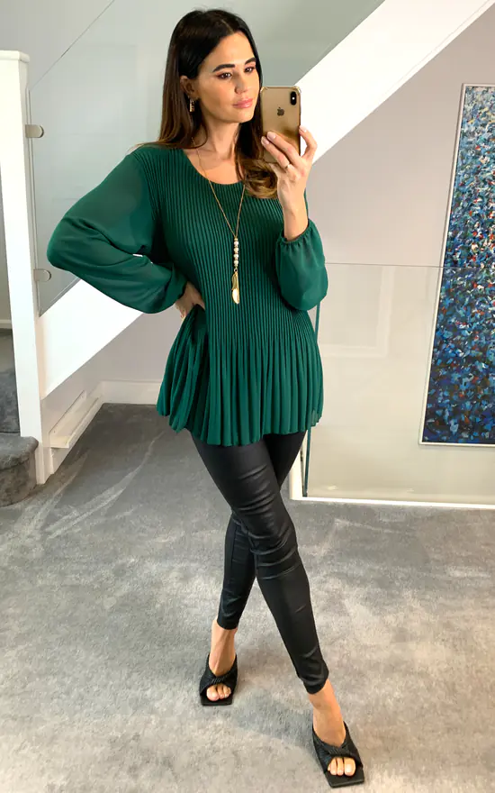 Promo 😉 HOXTON GAL Long Sleeves Oversized Pleated Top With Necklace In Green 👍 - Image 3