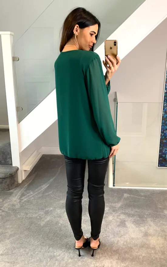 Promo 😉 HOXTON GAL Long Sleeves Oversized Pleated Top With Necklace In Green 👍 - Image 4