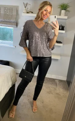 Buy 🤩 Yumi Sequin Top With Fluted Sleeve In Silver 💯
