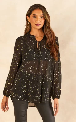 Best deal 🌟 Sarta Constellation Print Long Sleeve Blouse 👩 Womens Top In Black And Gold ⌛
