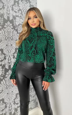 Best Pirce 💯 AX Paris Green Printed Elasticated High Neck Long Sleeve Top 💯