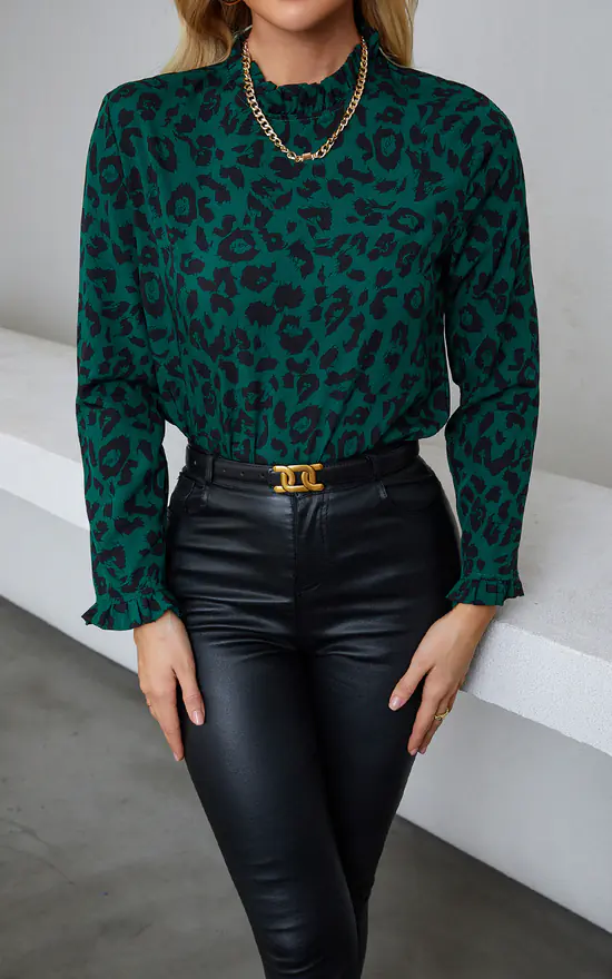 Budget โ๏ธ FS Collection Forest Green Black Leopard Print Frill Detail High Neck Top ๐