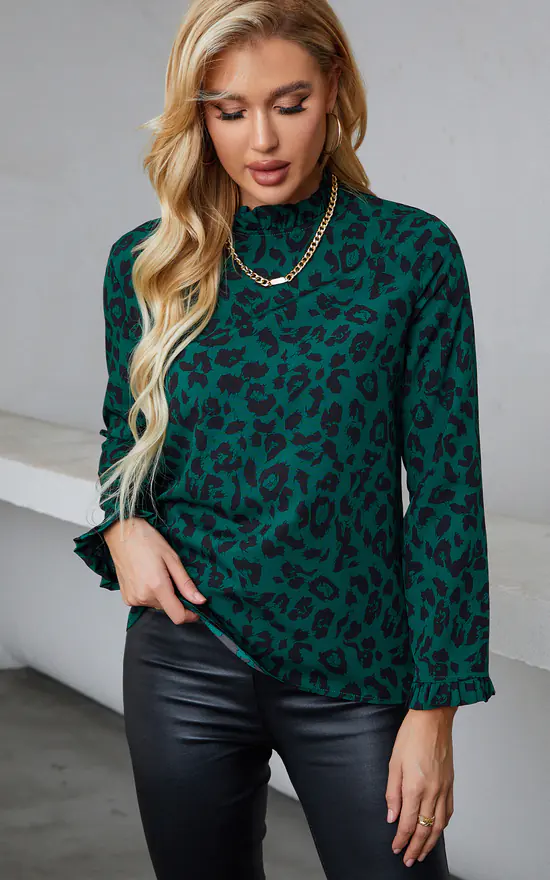 Budget โ๏ธ FS Collection Forest Green Black Leopard Print Frill Detail High Neck Top ๐ - Image 2