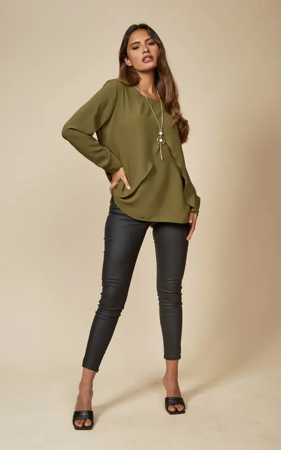 Top 10 ๐ HOXTON GAL Long Sleeves Relaxed Fit Layered Top With Necklace In Khaki ๐