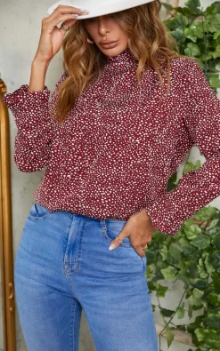 Best Pirce 🌟 FS Collection Frill Detail High Neck Top In Wine Red & White Animal Print 👍