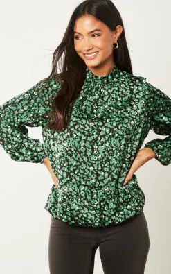 Best deal 🌟 Blue Vanilla Satin Floral Print Blouson Top Green 🔥