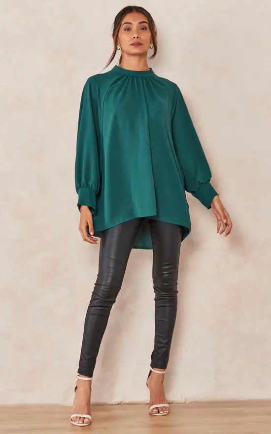 Top 10 ๐ฅฐ HOXTON GAL Oversized Batwing Long Sleeves Top With High Neck Detail In Bottle Green ๐