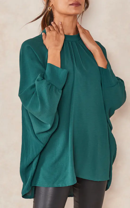 Top 10 ๐ฅฐ HOXTON GAL Oversized Batwing Long Sleeves Top With High Neck Detail In Bottle Green ๐ - Image 2