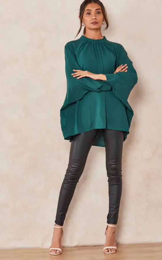 Top 10 ๐ฅฐ HOXTON GAL Oversized Batwing Long Sleeves Top With High Neck Detail In Bottle Green ๐ - Image 3
