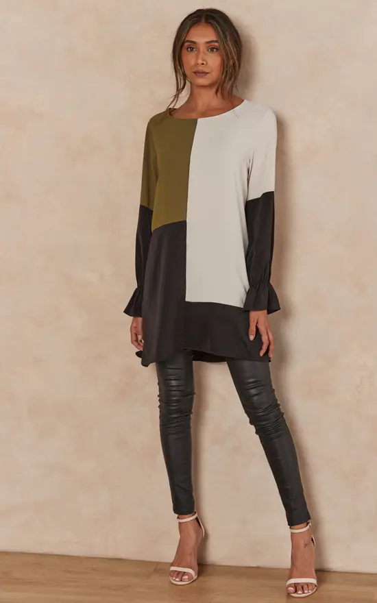 Cheap ๐ฏ HOXTON GAL Oversized Long Sleeves Colour Block Satin Tunic Top In Khaki, Beige And Black ๐
