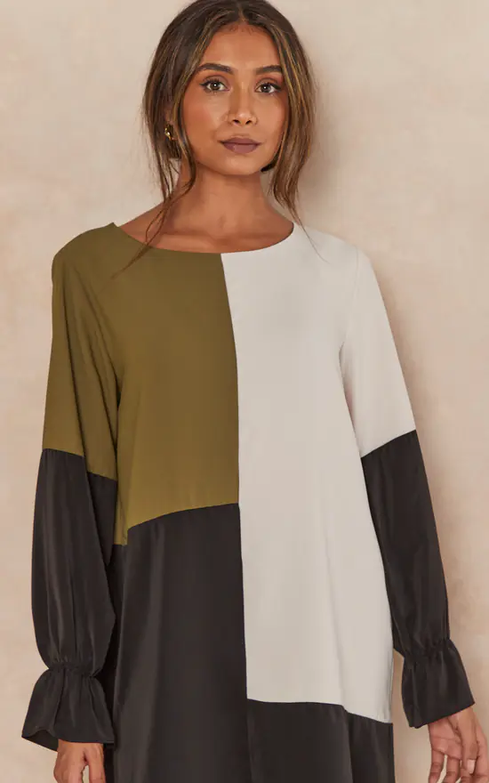 Cheap ๐ฏ HOXTON GAL Oversized Long Sleeves Colour Block Satin Tunic Top In Khaki, Beige And Black ๐ - Image 2