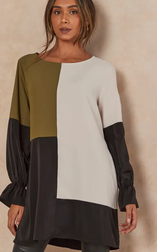 Cheap ๐ฏ HOXTON GAL Oversized Long Sleeves Colour Block Satin Tunic Top In Khaki, Beige And Black ๐ - Image 3