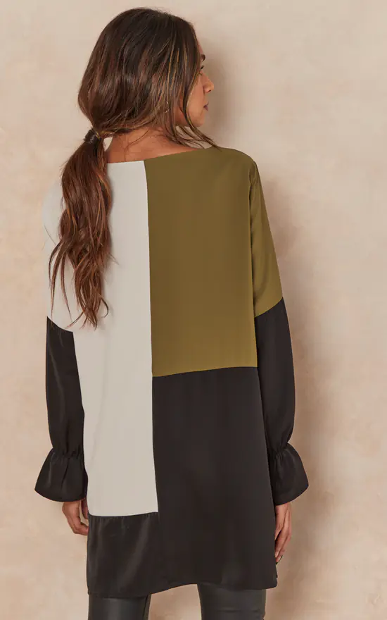 Cheap ๐ฏ HOXTON GAL Oversized Long Sleeves Colour Block Satin Tunic Top In Khaki, Beige And Black ๐ - Image 4