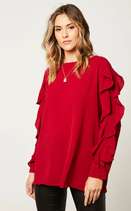 Best Sale ๐ HOXTON GAL Oversized Ruffle Detailed Long Sleeves Crew Neck Satin Blouse With Necklace In Burgundy ๐