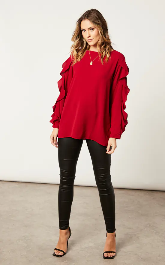 Best Sale ๐ HOXTON GAL Oversized Ruffle Detailed Long Sleeves Crew Neck Satin Blouse With Necklace In Burgundy ๐ - Image 2