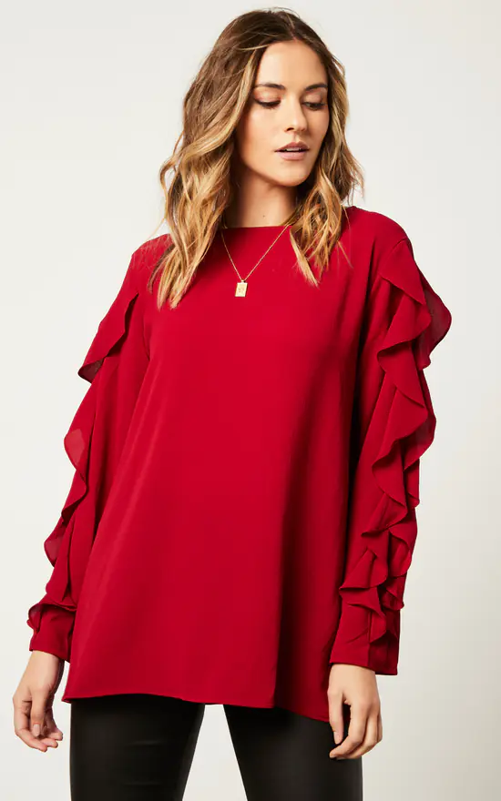 Best Sale ๐ HOXTON GAL Oversized Ruffle Detailed Long Sleeves Crew Neck Satin Blouse With Necklace In Burgundy ๐ - Image 3