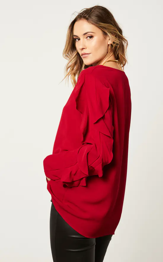 Best Sale ๐ HOXTON GAL Oversized Ruffle Detailed Long Sleeves Crew Neck Satin Blouse With Necklace In Burgundy ๐ - Image 4