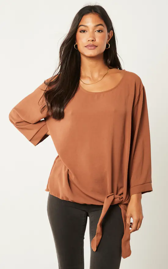 Buy ๐ฅ Blue Vanilla Side Tie Knot Long Sleeve Top Camel ๐