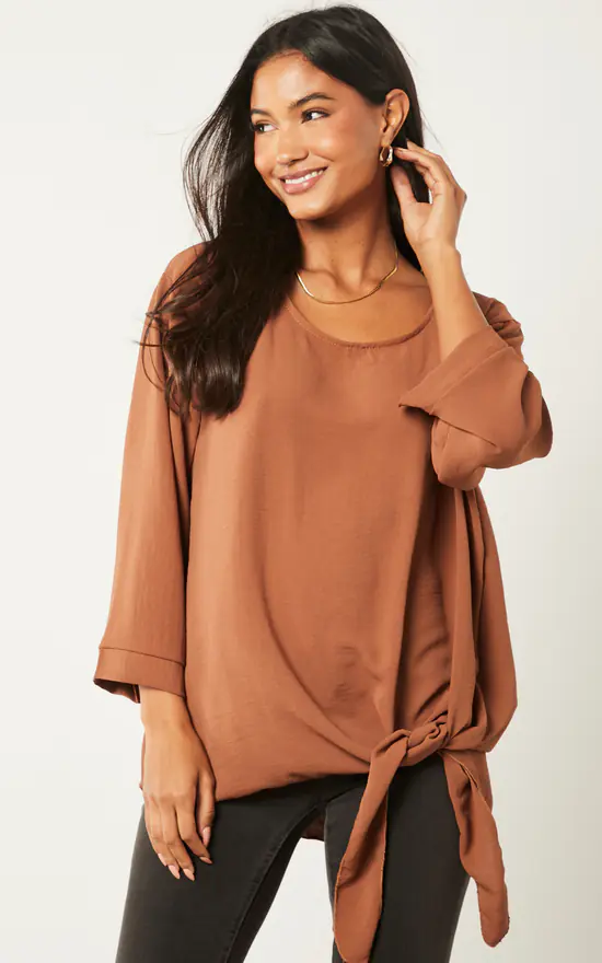 Buy ๐ฅ Blue Vanilla Side Tie Knot Long Sleeve Top Camel ๐ - Image 2