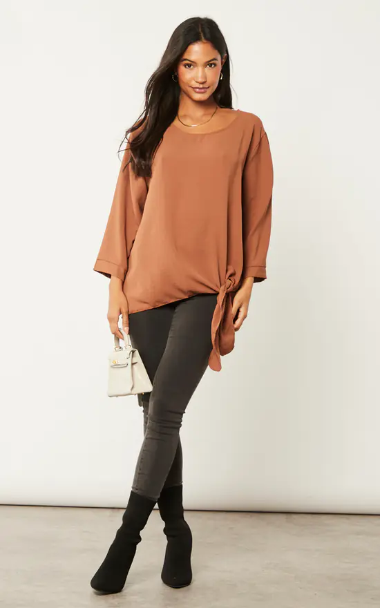 Buy ๐ฅ Blue Vanilla Side Tie Knot Long Sleeve Top Camel ๐ - Image 3