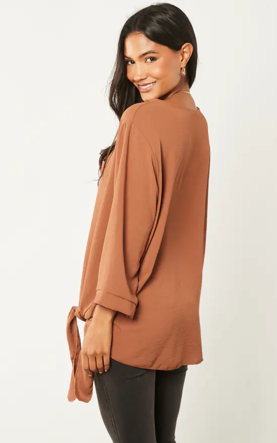 Buy ๐ฅ Blue Vanilla Side Tie Knot Long Sleeve Top Camel ๐ - Image 4