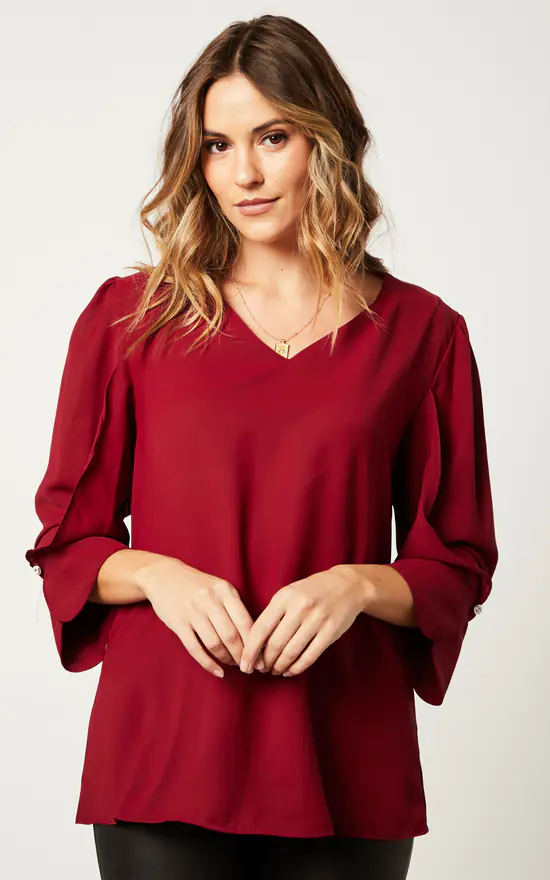 Budget ๐ HOXTON GAL Oversized Long Sleeves V Neck Blouse With Detailed Cuffs In Burgundy โ๏ธ