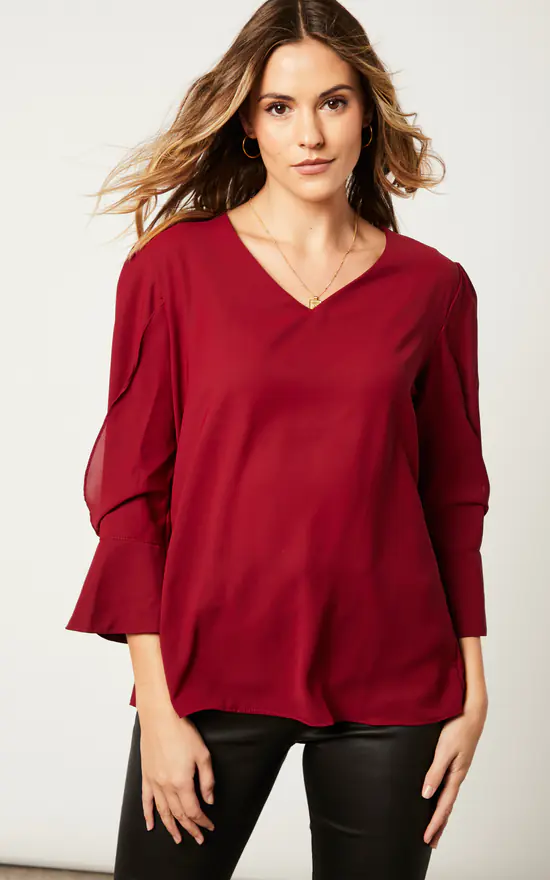 Budget ๐ HOXTON GAL Oversized Long Sleeves V Neck Blouse With Detailed Cuffs In Burgundy โ๏ธ - Image 2